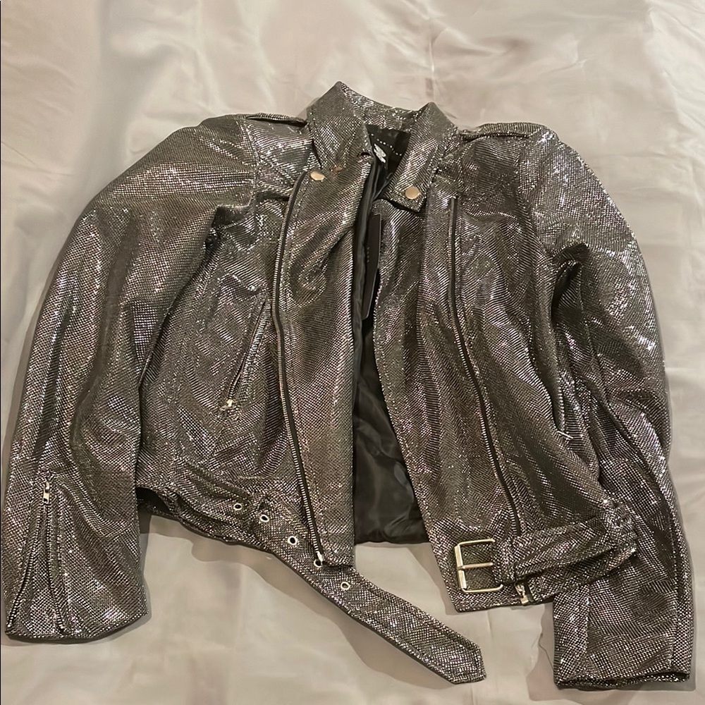 Silver Metallic Women's motorcycle Jacket silver and black